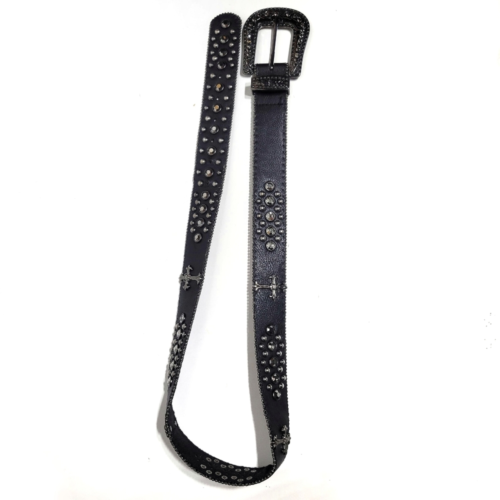 Black leather rhinestone belt bling cross cowgirl medium buckle women's …